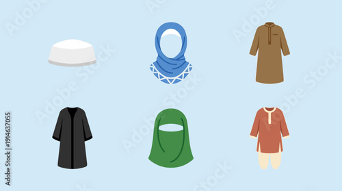 Diverse collection of traditional Islamic clothing items, including various head coverings, tunics, and robes, representing cultural attire for men and women