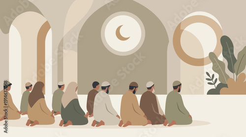 Muslims Praying Together In A Mosque During Ramadan Or Eid Celebration