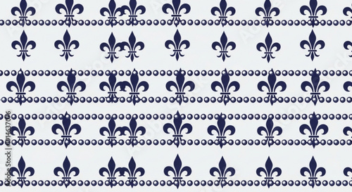 Dark blue fleur de lis pattern on white background with decorative borders elegant floral design