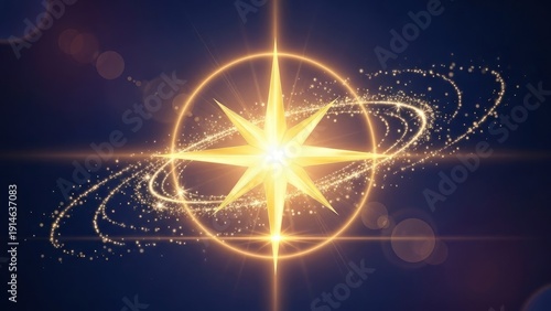 Brilliant golden star with swirling light particles and lens flares on a dark background, symbolizing guidance, magic, or celebration.