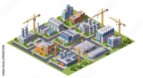 Isometric illustration of a modern industrial complex with buildings and construction cranes on a green landscape
