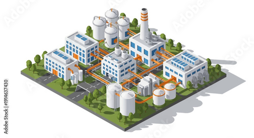 Isometric illustration of an industrial complex with buildings, smokestacks, and pipelines on a green landscape