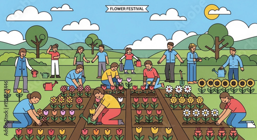 People gardening together in a vibrant flower field on a sunny day with beautiful landscape