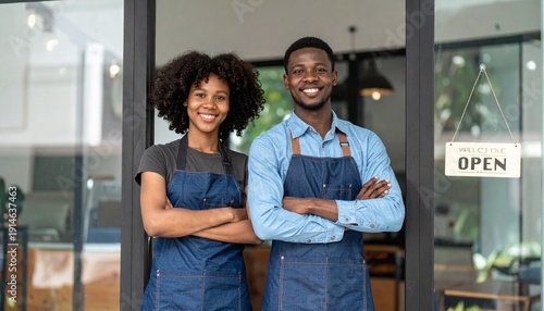 Smiling young diverse small business owners in aprons standing proudly in front of their shop with an 'OPEN' sign, welcoming customers.