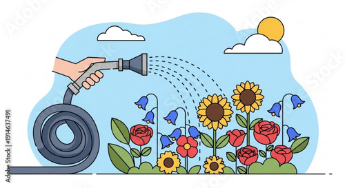 Hand watering vibrant garden with hose sunflowers roses and bluebells on sunny day with clouds