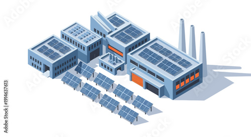 Isometric illustration of a modern industrial complex with solar panels on rooftops and ground, featuring smokestacks and orange accents.