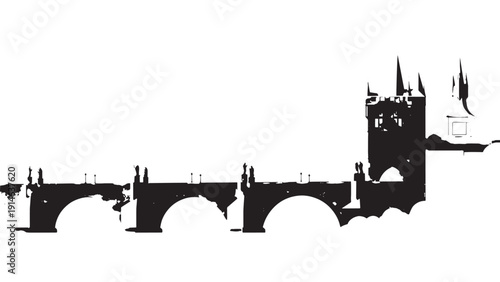 Silhouette of a historic stone arch bridge with towers along a river landscape.