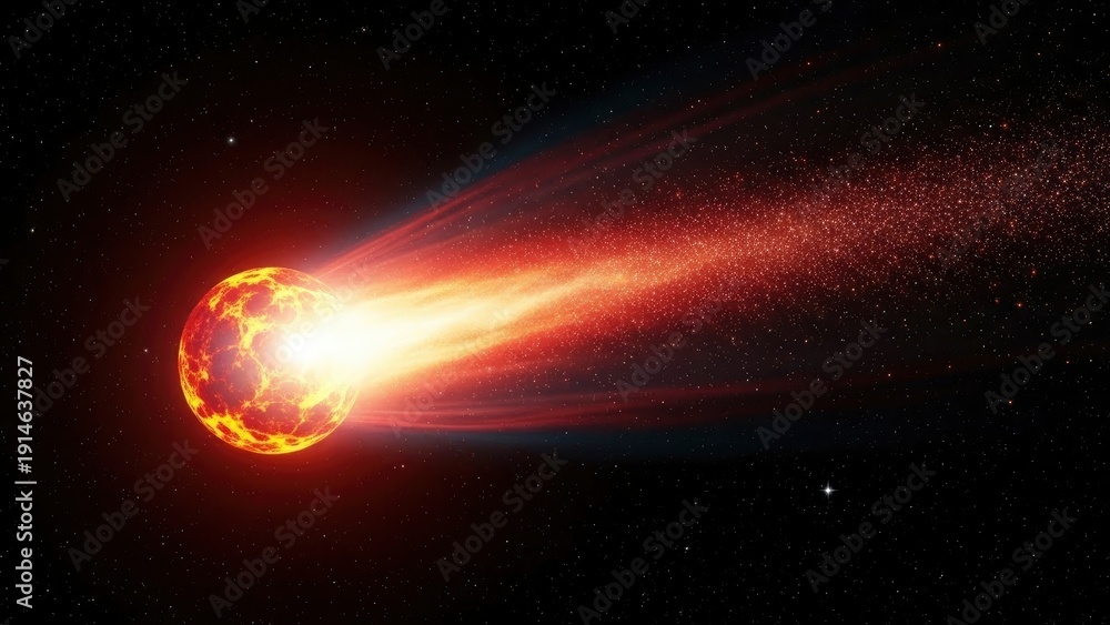 Obraz premium A fiery comet or meteor streaks across a star-filled dark space, leaving a brilliant trail of light and glowing particles. Cosmic event.