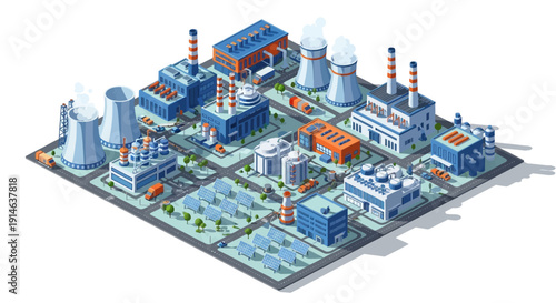 Isometric 3D illustration of a nuclear power plant with cooling towers and industrial buildings on a white background.