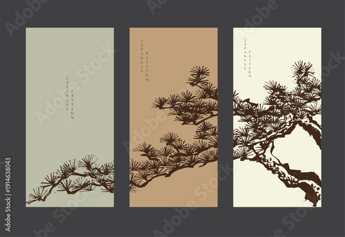 vector illustration of bonsai tree branch card design with Chinese painting in traditional style.