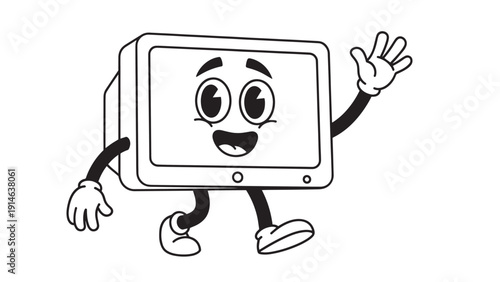 Cheerful cartoon television character waving hello, friendly mascot illustration.
