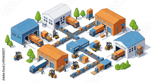 Isometric illustration of a bustling industrial complex with warehouses, factories, and workers against a clean white background.
