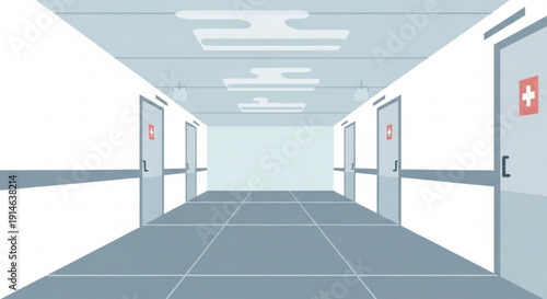 Empty Hospital Corridor with Doors and Emergency Exits