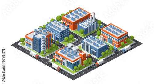 Isometric 3D illustration of a modern industrial complex with solar panels on the roofs, surrounded by greenery and roads.