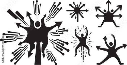 Stick figures with multiple arms and arrows in black