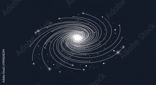 Glowing white spiral galaxy with curved lines and stars on dark blue background cosmic abstract concept