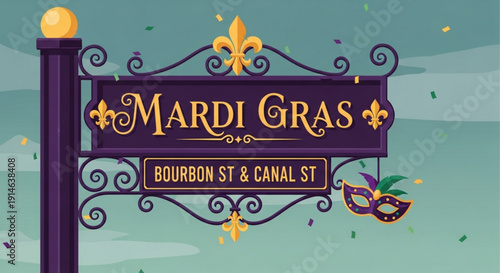 Mardi gras street sign with mask on bourbon st canal st new orleans festive background