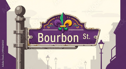 Vibrant mardi gras street sign on bourbon street with purple and gold decorations and cityscape background