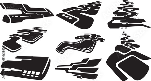 Futuristic cityscape silhouettes in black and white illustration style