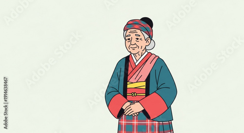 Elderly woman in traditional asian clothing standing with hands clasped wearing colorful robe and headwrap on light background