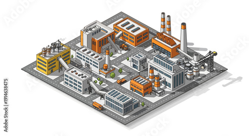 Isometric 3D illustration of an industrial factory complex with orange and gray buildings on a gray platform