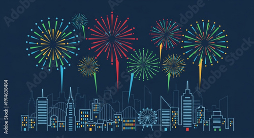 Vibrant fireworks exploding over city skyline at night colorful celebration