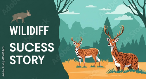 Wildlife scene with deer and rabbit in forest landscape with mountains and trees