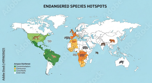 Endangered species hotspots world map with color coded regions