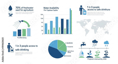Infographic illustrating global water usage and scarcity statistics with charts and graphs