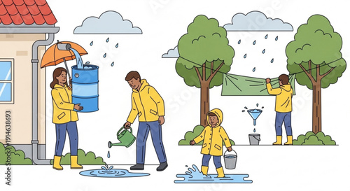 People collecting and conserving rainwater on a rainy day in a residential area with trees and a house