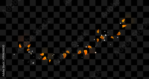 Yellow shiny line spiral spring wind effect with dust particles and leaves particles on black background. Concept of freshness, growth, spring, summer and ecology.