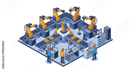 Isometric illustration of industrial robots and workers in a factory with blue and orange color scheme on a white background.