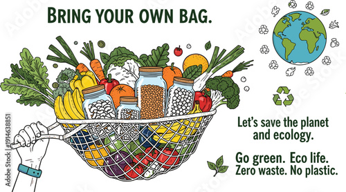 Premium eco-friendly sustainability illustration featuring a hand holding a reusable net bag filled with organic vegetables, fruits, and glass jars with earth and recycling symbols