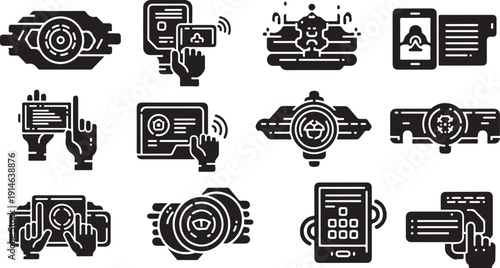 Black and white icons of technology and communication devices