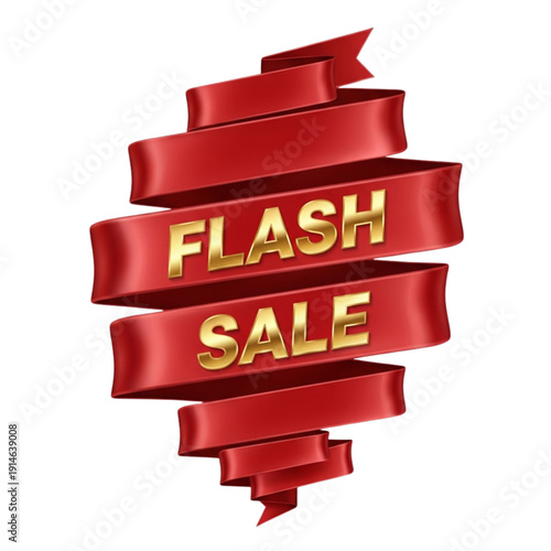 Red swirling ribbon banner featuring three dimensional golden letters proclaiming a special flash sale event isolated on a white background.