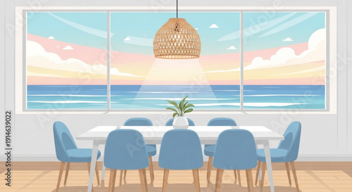 Coastal dining room with ocean view blue chairs white table and wicker pendant light at sunset