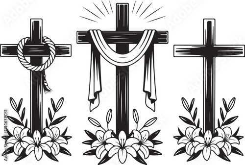 Three different Christian crosses stand upright, adorned with lilies, rope, and draped cloth, symbolizing faith