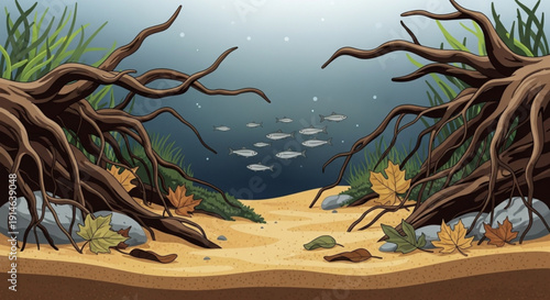 Underwater scene with tree roots and fish swimming in the ocean sandy seabed with rocks and seaweed