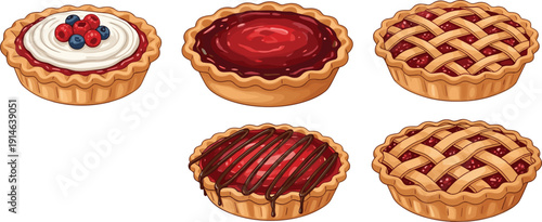 Delicious Berry and Jam Tart Collection with Lattice Pie Crust Dessert Vector Illustration Set