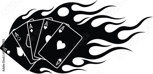 Black and white silhouette vector of four aces playing cards set on fire with stylized racing flames for poker gambling.