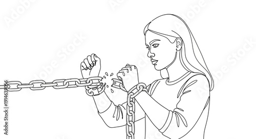 Strong woman breaking free from chains on her wrists, symbolizing liberation and empowerment on an isolated white background