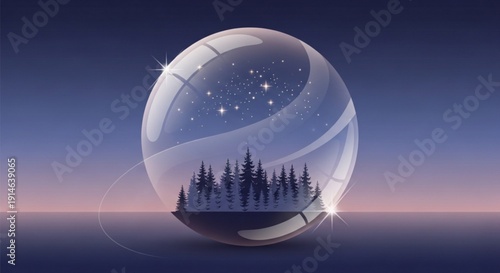 Glowing crystal ball with starry night sky and silhouette of pine trees inside set against a serene twilight landscape with pink and blue hues