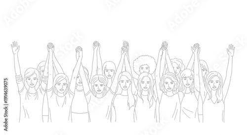 Large group of diverse women raising hands in unity and protest on an isolated white background
