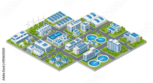 Isometric 3D illustration of a modern industrial complex with solar panels and water treatment pools on a green landscape