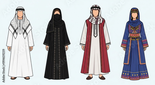 Traditional middle eastern attire for men and women in various cultural outfits and headscarves on a plain background