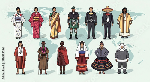 Diverse people wearing traditional clothing from around the world standing in front of a world map background