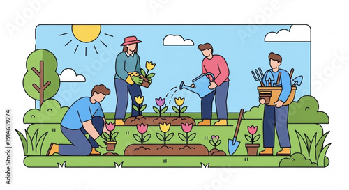 Four people gardening together planting flowers in a sunny garden with tools and watering can