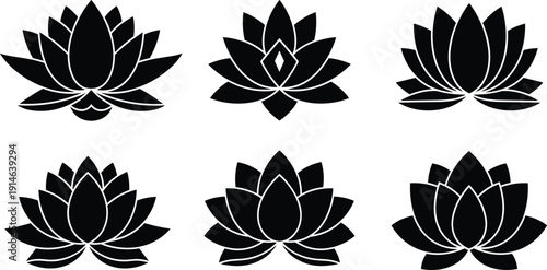 Black silhouette vector of various stylized lotus flower icons with blooming petals for yoga, meditation, wellness, and floral branding designs.