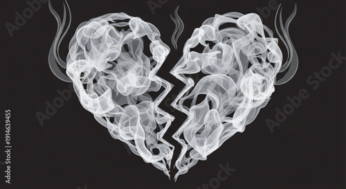 Shattered heart made of smoke on dark background with flames symbolizing heartbreak and sorrow