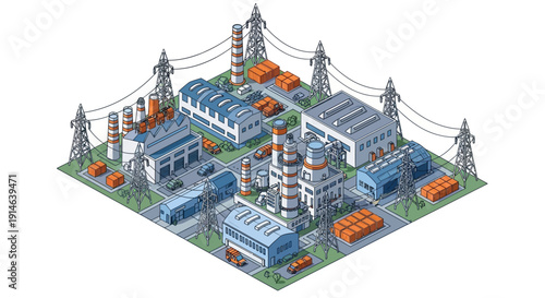 Isometric illustration of an industrial power plant with smokestacks and transmission towers on a green landscape